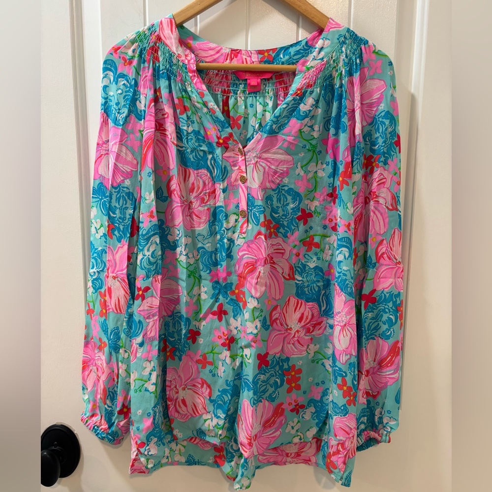 LILY PULIITZER | Elsa Floral Silk Top Surf Blue Luscious Lions Size M - Picture 4 of 11
